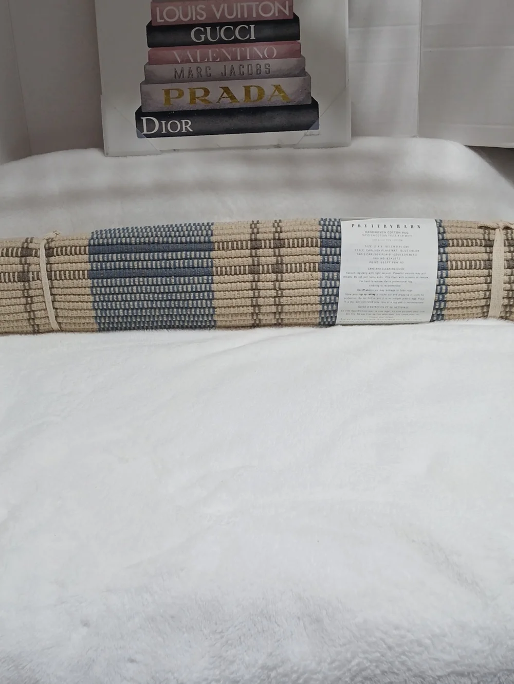 Pottery Barn Blue and Beige Woven Cotton Runner Rug NWOT